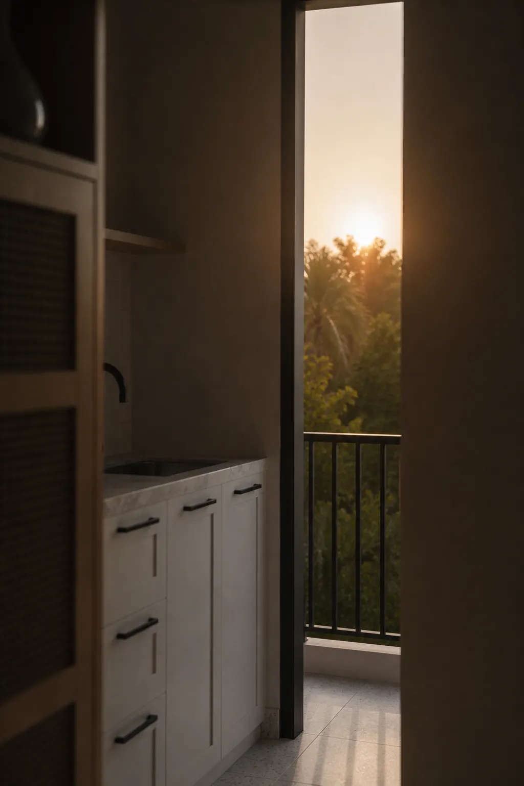 View from a HAVN studio through to its private balcony at sunrise